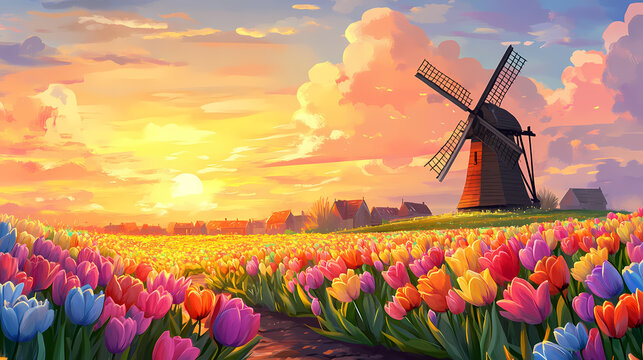 Landscape with colorful tulips with traditional dutch windmill and sunset with sky in background. Windmill. Illustration