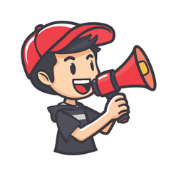 A man is holding up an open red megaphone and shouting in a simple drawing style