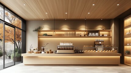 Modern Korean cafe interior with traditional pastries and teas, Korean cafe, contemporary design