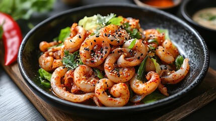 Fototapeta premium Stirfried spicy squid with vegetables, Korean cuisine, seafood specialty