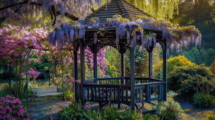 A wooden gazebo surrounded by vibrant pink flowers and cascading purple wisteria in a lush garden.
