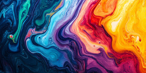 Fototapeta premium Vibrant liquid paints in rainbow colors, swirling together in a fluid, dynamic motion with a glossy texture that creates a bright, playful atmosphere.