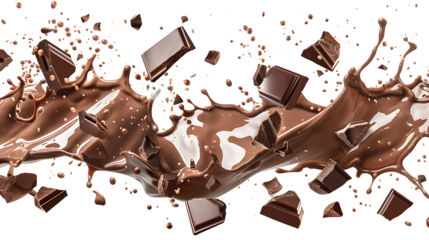 Chocolate milk splash with droplets flying in all directions, and pieces of chocolate breaking apart, isolated on a white background