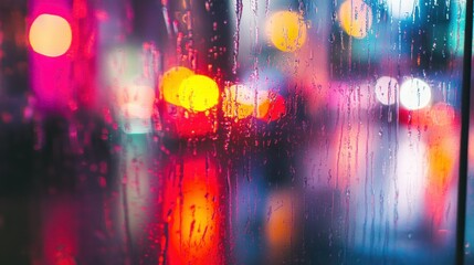A vibrant city scene blurred by rain on glass, creating a colorful, abstract effect.