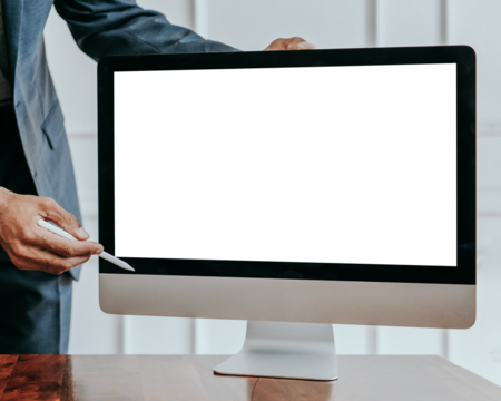 Businessman presenting a project on a computer desktop mockup transparent png