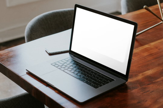 Laptop screen png mockup on wooden table, transparent design