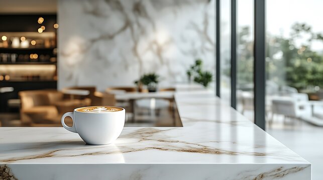 Modern minimalist coffee shop with clean lines, a single coffee cup on a marble counter, large windows casting soft light across the simple d&eacute;cor,