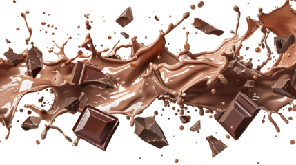 Chocolate milk splash with droplets flying in all directions, and pieces of chocolate breaking apart, isolated on a white background