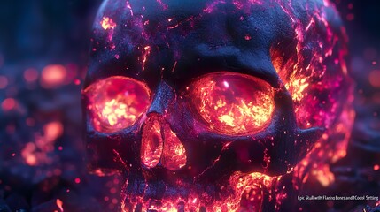 Epic dark scene featuring a skull with fiery neon flames and glowing bones for an intense visual.