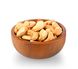 Cashew nuts in wooden bowl isolated on white background