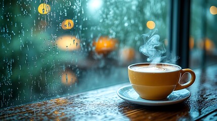 Obraz premium Rain pouring down outside, a steaming cup of coffee sits on a wooden table by a large window, soft reflections of raindrops in the glass, the warm glow of the café inside contrasting with the cold,