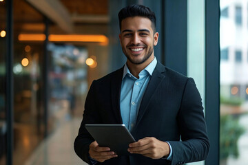 Young Hispanic businessman cheerfully engaging with his tablet in a stylish, dynamic office environment.