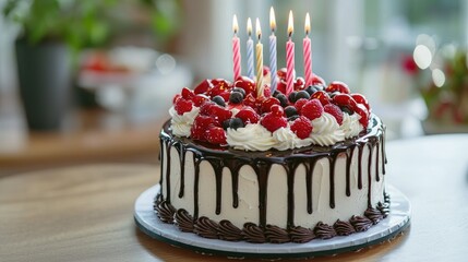 a photo of a amazing lavishing delicious birthday cake with candles