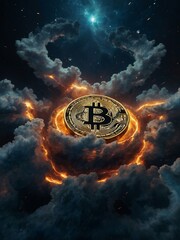 Bitcoin surrounded by a cosmic storm of swirling energy.