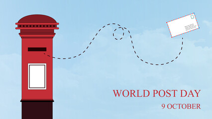 World Post Day vector art with a classic red mailbox and a traditional envelope, connected by a dotted line. For postal service and post concepts.
