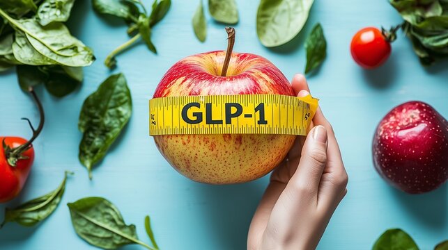 Apple with glp-1 tape measure, surrounded by vegetables, symbolizing weight loss and healthy eating.