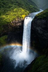 Fototapeta premium A majestic waterfall cascading down a cliff, surrounded by lush greenery and a rainbow forming in the mist