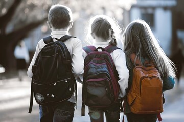 Rear view of multiethnic elementary middle school kids pupils classmates friends with backpack in casual clothes are hugging embracing each other standing outdoors.