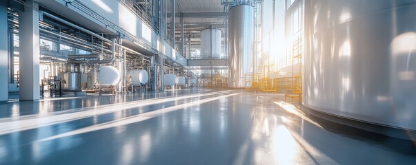 Interior of hydrogen production withstorage tanks and pipes, manufacturing banner. Generative AI.