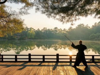 Senior man practicing japanese martial arts with bo staff in nature