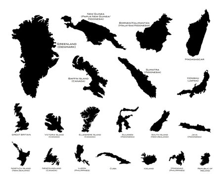 Black silhouette maps of the twenty largest islands in the world