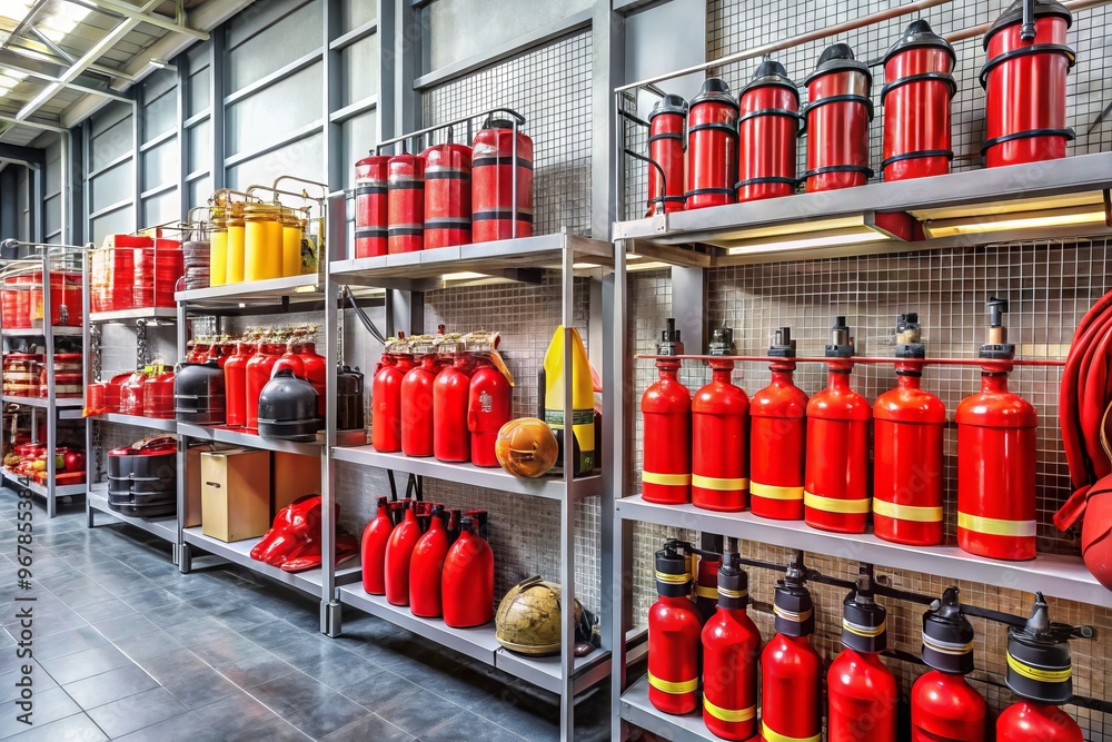 Wall mural Rack of fire extinguishers and safety gear, including helmets, gloves, and first aid kits, on a wall in