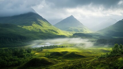 Fototapeta premium A serene landscape featuring lush green hills, mist, and mountains under a cloudy sky.