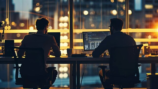 Businessmen and Businesswomen Working in the Office by night. Managers and Specialists Doing Financial Business in the Evening. Employees Work on Computers and Delegate Tasks. Working late in office