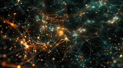 Abstract digital art with glowing lines and particles in dark space.