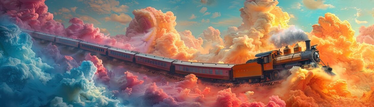 Playful train on a winding rainbow railway, traversing through a fantastical sky, sparking imagination