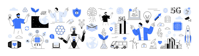 Future technologies emerging tech trends innovative technologies. Innovation, new ideas, creativity and technology. AR and VR materials. Machine learning. Industry 4.0. 5g, ai, robot, iot, programming © robu_s