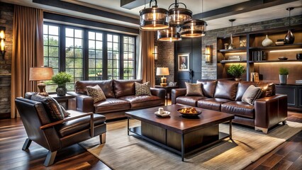 Rich, dark wood accents and sleek leather upholstery create a sophisticated, masculine ambiance in a modern living room