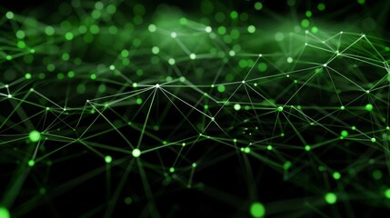 Abstract green digital network with glowing dots and lines on black background.