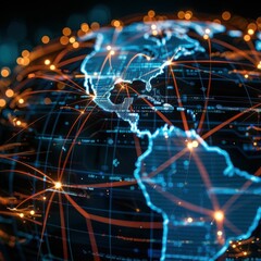 Abstract digital globe with glowing lines connecting continents, representing global connection and communication.
