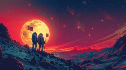 Fototapeta premium Illustrate a scene of women astronauts planting flags of peace and equality on new planets, extending Women Equality Day to the cosmos