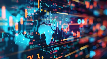 Abstract digital map with data and graphs, representing global finance and technology.
