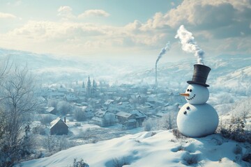 a snowman standing on a hill, overlooking a snowy village with a few smoke rising from the chimneys
