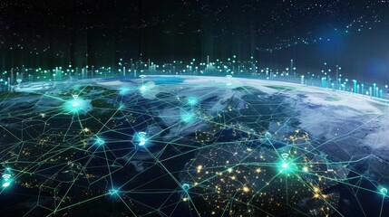 Abstract digital network connection around the Earth. Glowing lines and nodes represent global communication and technology.