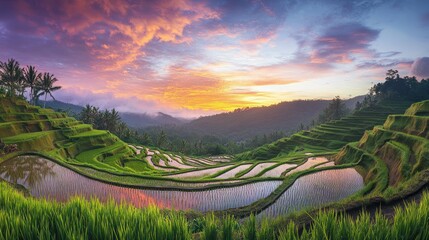 A stunning landscape of terraced rice fields at sunset, showcasing nature's beauty.