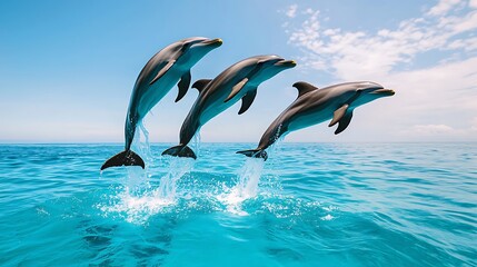 Fototapeta premium Four dolphins leap energetically from the water, creating a beautiful ocean scene.