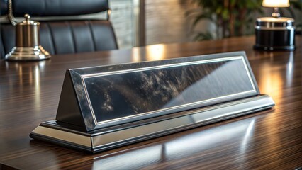 Office nameplate holder on a polished wooden surface in a modern workspace