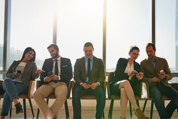Hiring, wait and row of people with vacancy, discussion and digital notes on smartphone. Recruitment, diversity and candidate group ready with plan, work opportunity and queue for paperless interview