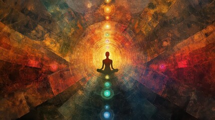 Abstract person meditating with chakras radiating light, thoughts flowing seamlessly in harmony, chakra thinking, spiritual thought