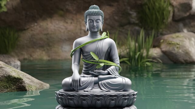Hindu statue of budah with green leafs. made with generative Ai
