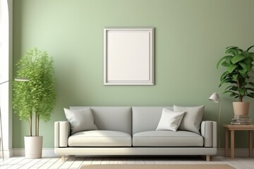 Modern Living Room with White Sofa  Green Wall  and Plants