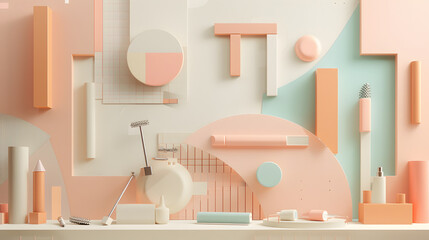 Abstract pastel geometric shapes and objects composition.