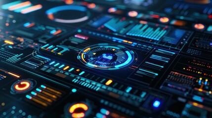 Abstract futuristic digital interface with glowing blue and orange lights, representing technology, data analysis and innovation.