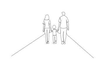 Father, mother and son walking together one-line art drawing. Family continuous outline vector.	