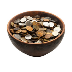 A brown ceramic bowl overflowing with a variety of coins. Isolated transparent background