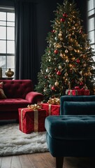 Christmas scene with two decorated trees, gifts, and a velvet sofa.